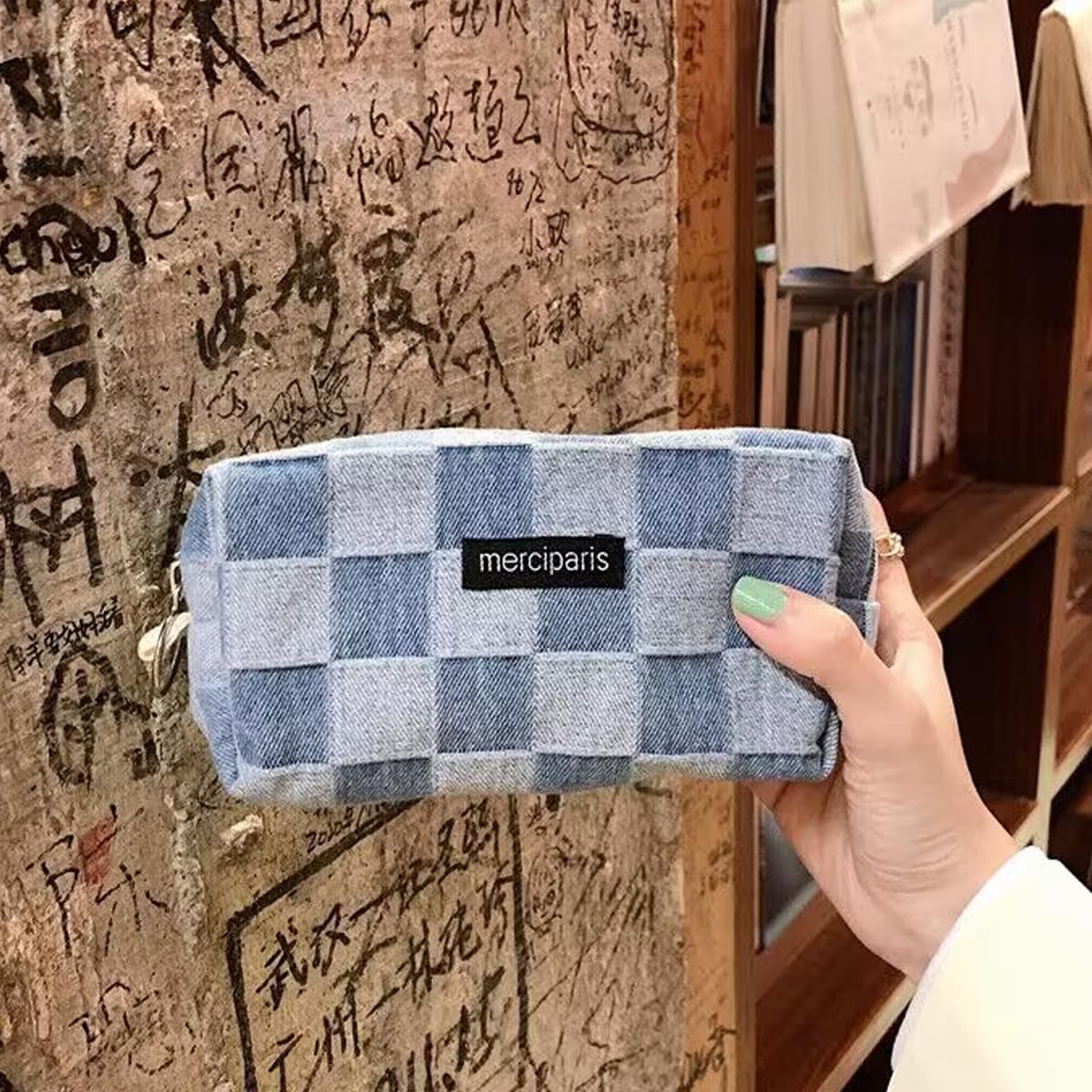 Cosmetic Bags for Women Makeup Bag Large Capacity Purse Travel Toiletry Zipper Storage Pouch Make up Brushes Organizer for Gifts (Checkered, Denim Blue)