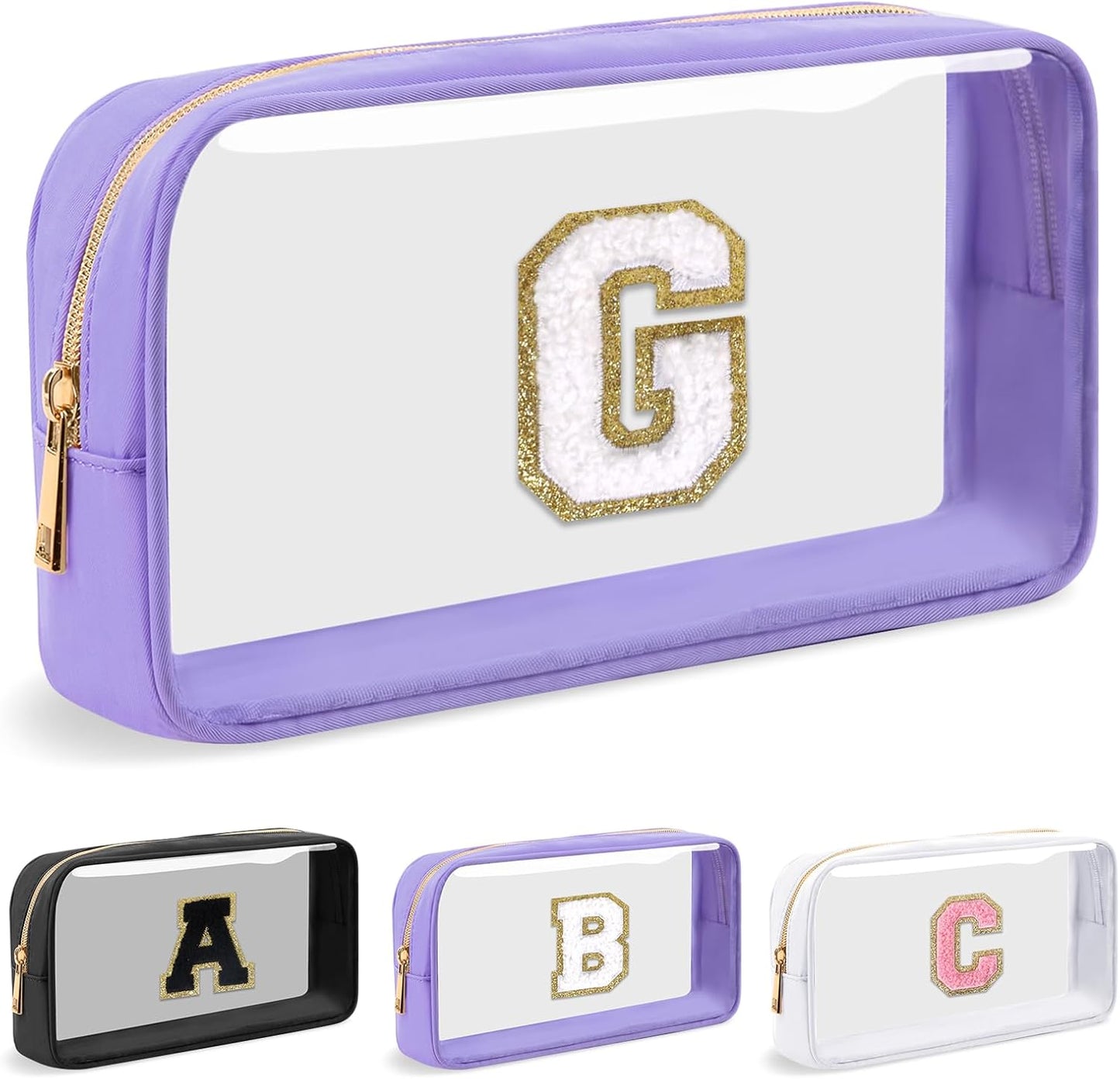UIXIZQ Personalized Initial Letter Clear Makeup Bag - Preppy Nylon & PVC Cosmetic Zipper Bag | Travel Toiletry Organizer for Teen Girls & Women, Monogrammed Gift