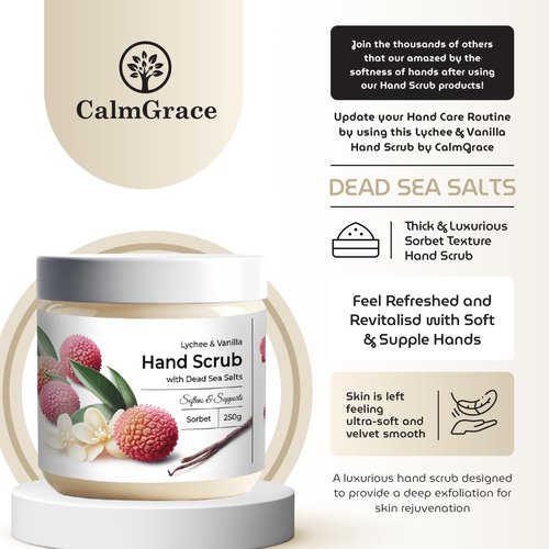 CalmGrace Exfoliating Hand Scrub with Dead Sea Salts, Lychee & Vanilla Scent | Hand Scrub Exfoliator in Sorbet Texture, Body Care Moisturizer | Fortified with Aloe Vera, Coconut Oil, Vitamin C