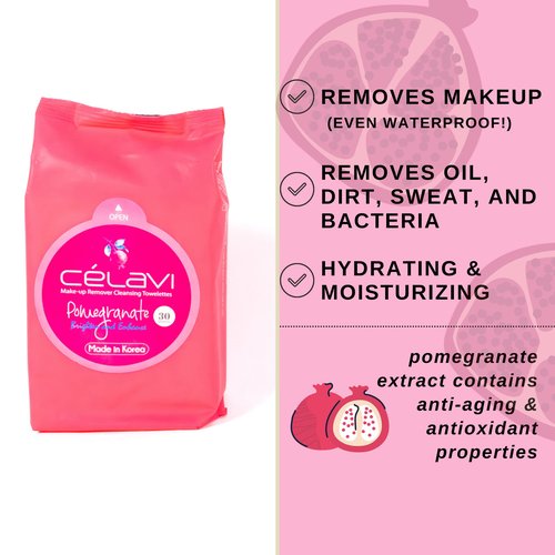 Celavi Makeup Remover Cleansing Wipes Removing Towelettes 2 Packs - 60 Sheets (Pomegranate)