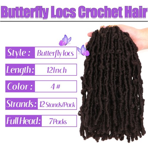 Butterfly Locs Crochet Hair-7 Packs Faux Locs Crochet Hair 12 Inch Distressed Soft Locs Crochet Hair For Black Women (12 Inch(Pack of 7), 4#)