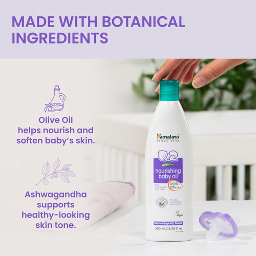Himalaya Nourishing Baby Oil, Moisturizing with Olive Oil, Ashwagandha, Aloe Vera, Massage Oil, Dermatologically Tested, No Mineral Oil, Lanolin Free, Paraben Free, Vegan, 6.76 Fl Oz, 200 ml, 2 Pack