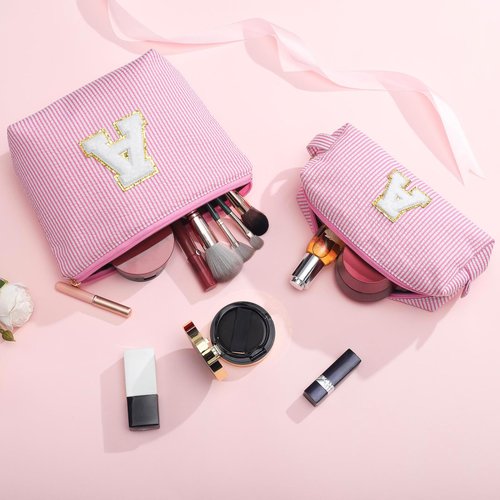 YOOLIFE Personalized Makeup Bag for Women - Monogram Cosmetic Bag Travel Toiletry Bag Brush Holder Birthday Gifts for Women Her Wedding Bridesmaid Friend Sister Teacher Wife Grandma Pink Initial E
