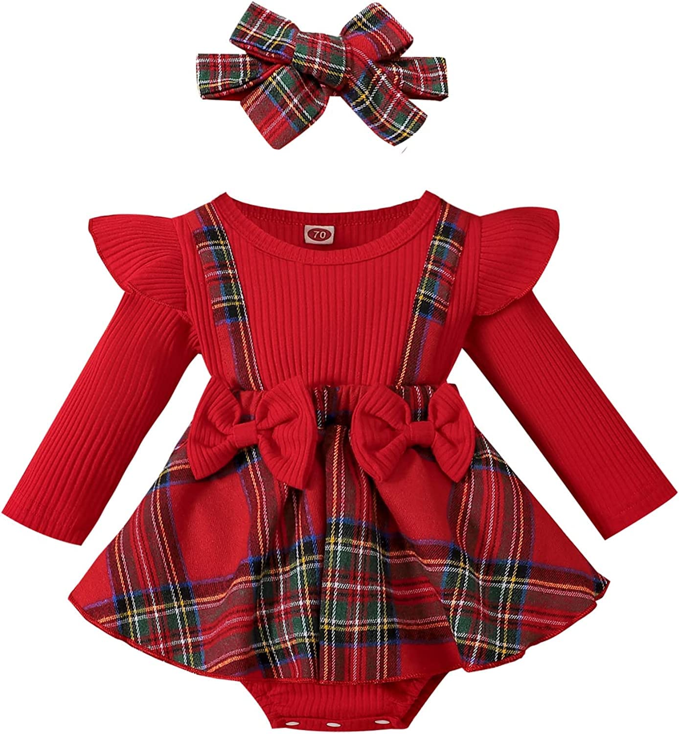 DOSYZTO Baby Girl Christmas Outfit Red Plaid Ruffle Bowknot Romper Dress with Headband Knit Bodysuit Skirt Winter Clothes (Red Plaid Suspender Romper,0-6 Months)