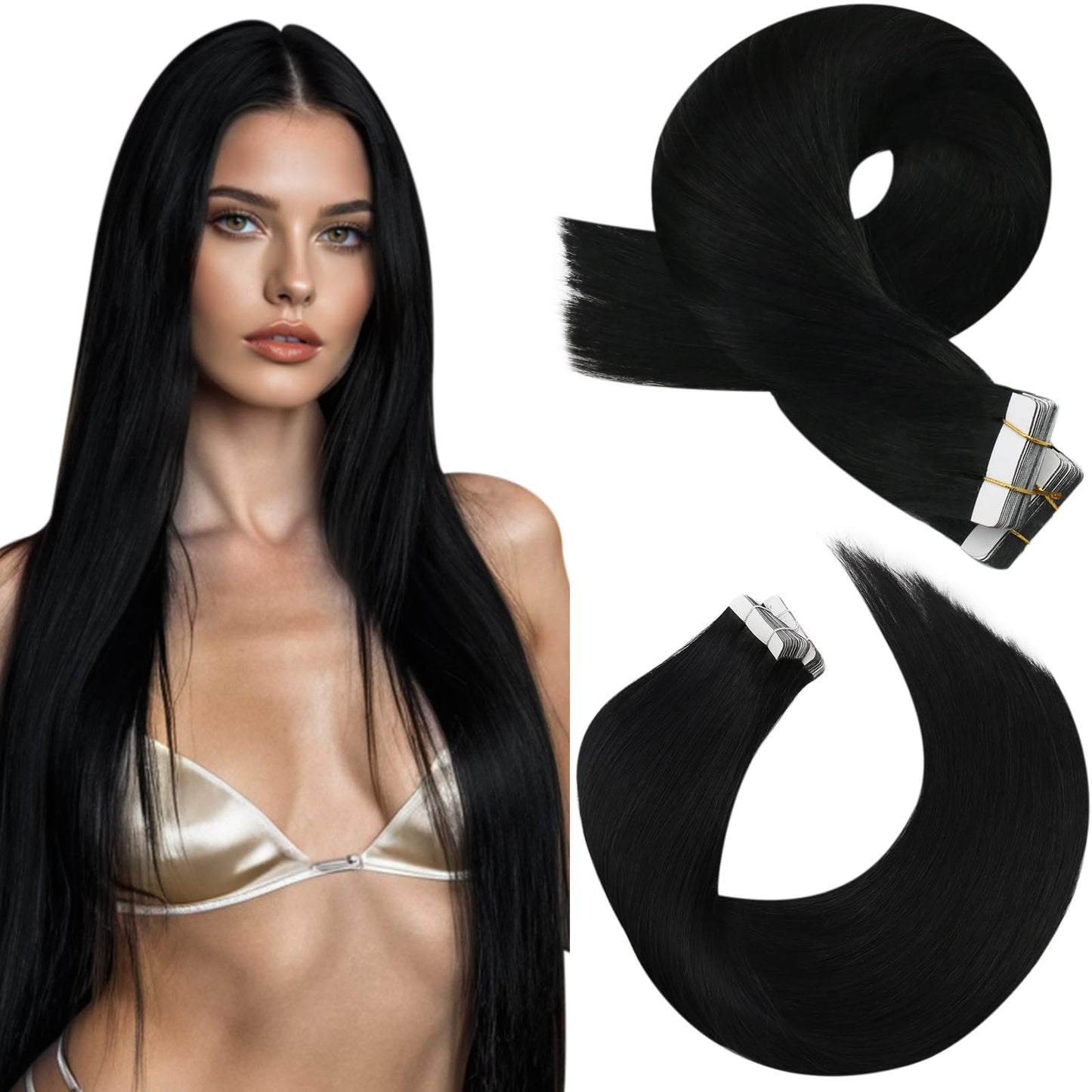 Moresoo Tape in Hair Extensions Black Real Human Hair 20Pcs Tape in Extensions 12 Inch Short Hair Extensions Glue in Real Human Hair 30G Fashion Straight Hair Color #1