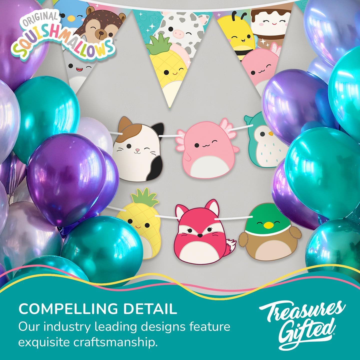 Treasures Gifted Officially Licensed Squishmallows Party Supplies Banner - (1) Pre-strung Banner - Squishmallows Birthday Decorations