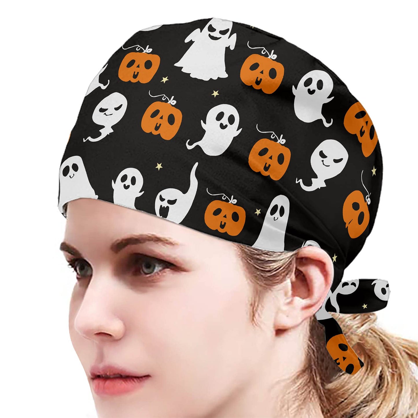 JEOCODY Halloween Ghost Pumpkin Print Women Men Working Caps with Adjustable Tie Back Hat One Size