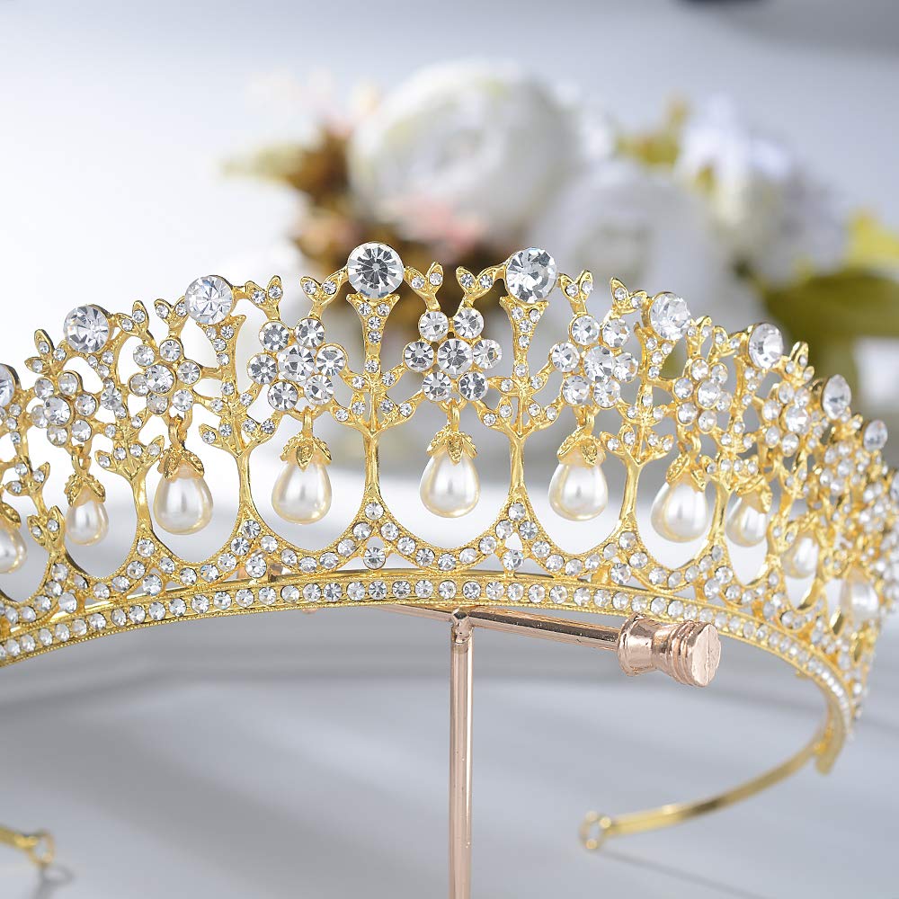 S SNUOY Gold Pearl Crown for Women Bridal Tiara for Women Pearl Headpiece Princess Tiaras Prom Wedding Headband