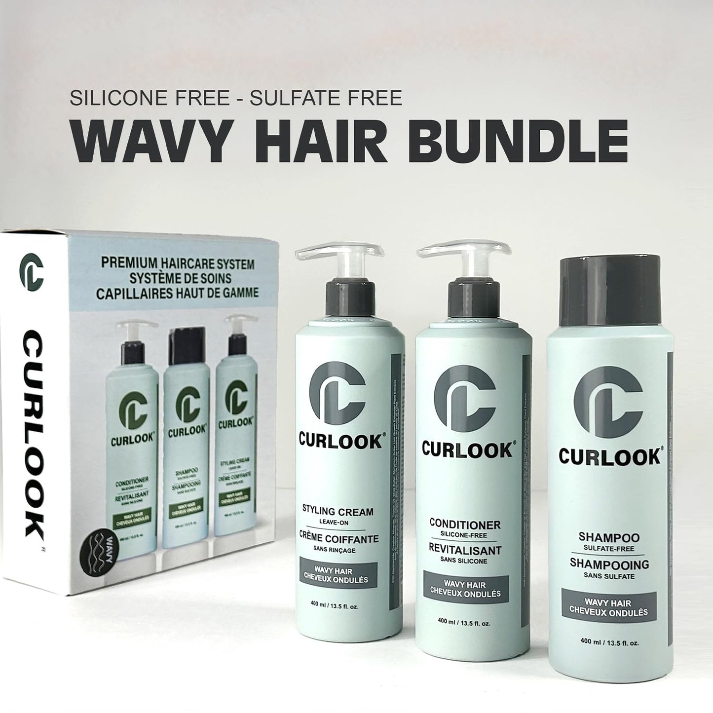 Skiennix Wavy Hair Bundle - Sulfate-Free Shampoo, Conditioner & Leave-In Cream Set | 3 x 400ml (13.5 oz) Bottles | Made in Canada