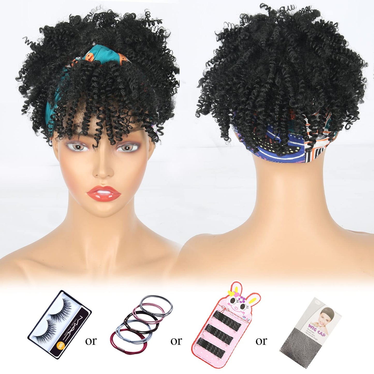 LEOSA Black Afro Curly Headband Wig with Bangs Short Afro Headband Wigs for Black Women Scarf Wigs Black Wig with Headband Attached Headwrap Wigs Natural Wig Headbands for Kinky Curly Hair Wigs