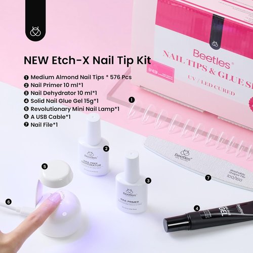 Beetles Gel Nail Kit Medium Almond with Dehydrator and Primer, 576Pcs Half Matte Etch-X Gel Nail Tips Solid Glue Mini Lamp Acrylic Nail Tips Easy DIY Nail Extension Set Gift for Women