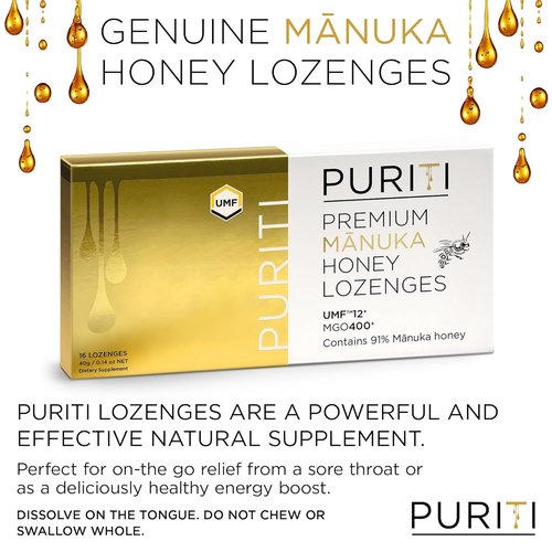 PURITI Premium Manuka Honey Lozenges - High Potency Sugar-Free Cough Soothers | UMF Certified MGO 400+ (16 Pack)