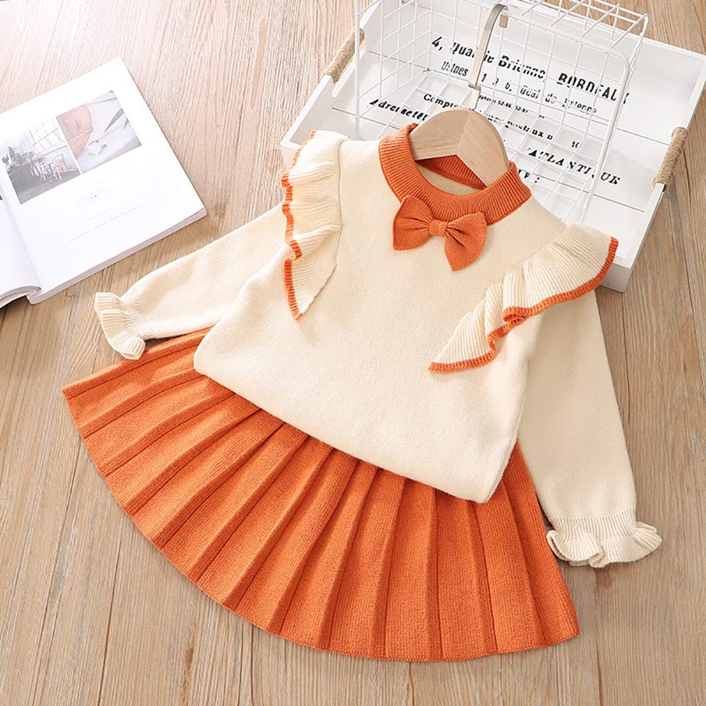 Toddler Baby Girls Autumn Winter Clothes Crochet Knitted Button up Long Sleeve Ruffle Bowknot Sweater Tops+Pleated Mini Tutu Skirt 2pcs Outfit Princess Dress up Costume for Kids Orange 3-4 Years