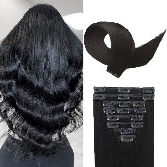 Clip in Hair Extensions Real Human Hair Clip ins Human Hair Extensions for Women Invisible Natural Straight Seamless Clip on Hair Extensions 8pcs Double Weft 40g (#1 Jet Black, 10 Inch)