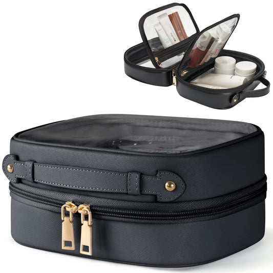 Oaque Clear Cosmetic Bag Double Layer Travel Toiletry Bag Clear Makeup Bag Case with Zipper Transparent Travel Bag for Toiletries, TSA Approved Toiletry Bag for Women Girls (Black)
