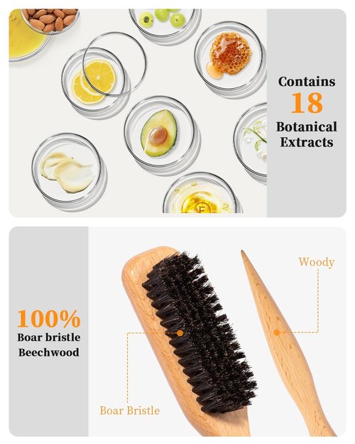 Slick Back Hair Brush, Hair Wax Stick Set - Boar Bristle Brush for Fine to Medium Hairs - Smooth Flyaways, Frizz & Baby Hairs, Sleek Ponytails Buns Updos