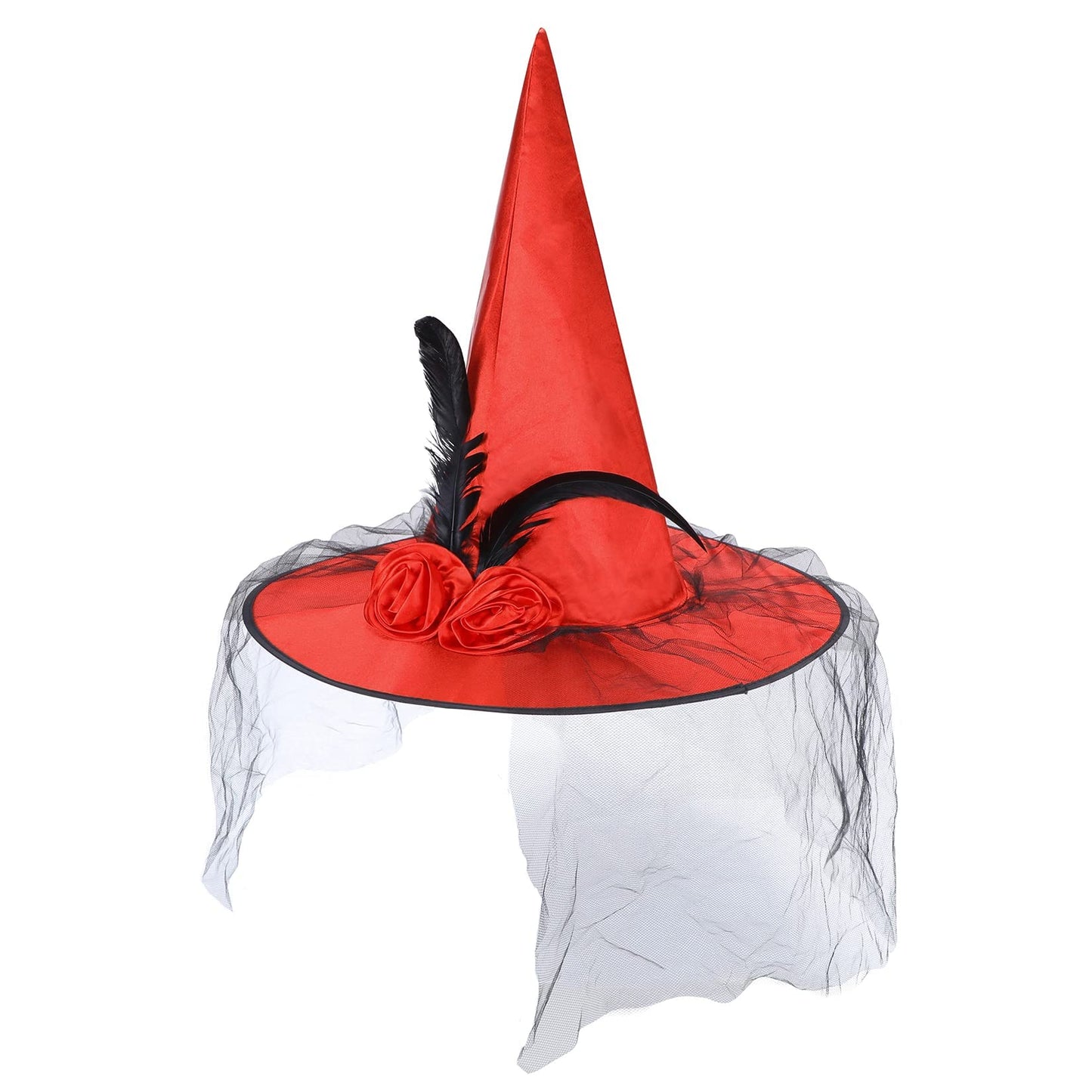 Century Star Witch Hats for Women Halloween Costume Hats with Veil Adult Witches Accessories for Party Rose Red One Size