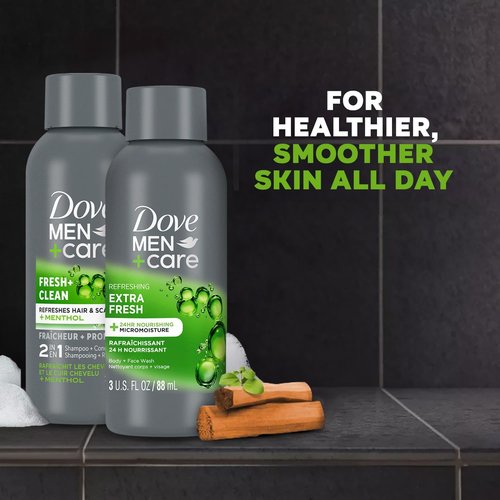 Dove Men+Care Travel Essentials Bundle - Extra Fresh Body & Face Wash & Fresh + Clean 2-in-1 Shampoo, 3 Oz Each
