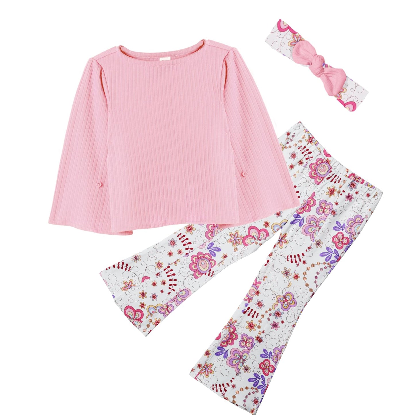 Sosomi Toddler Girl Clothes Set 3T Baby Fall Outfits Cute Pink Shirt Top + Leggings Flare Pants Fashion Floral leggings Kids Costume Winter Little Girls Long Sleeve Clothing Sets T shirts Headband