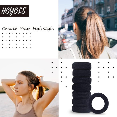 HOYOLS Large Black Hair Ties for Thick Hair, Soft Seamless Cotton Ponytail Holders, No-Damage Strong Bands for Women and Girls, No-Pull Scrunchies Headbands