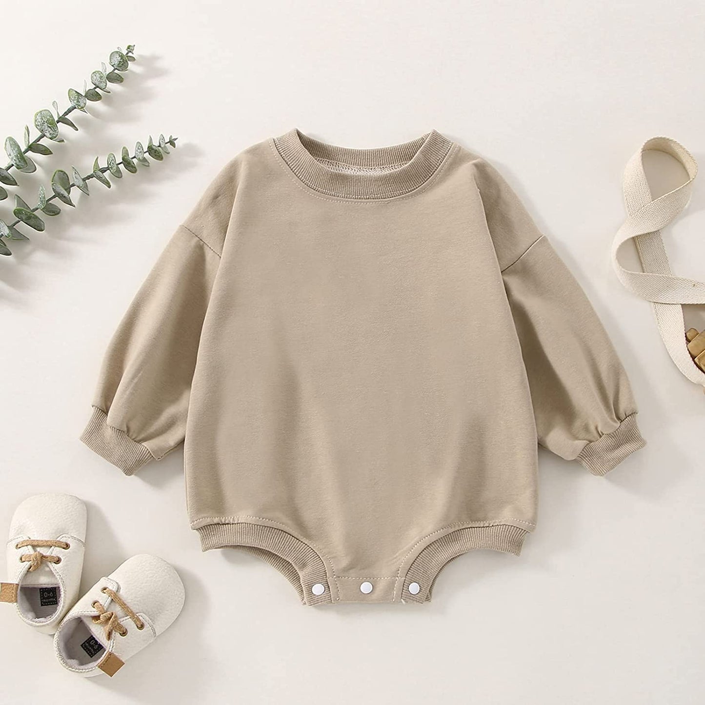 DOSYZTO Baby Boy Girl Fall Outfit Long Sleeve Bubble Romper Sweatshirt Top Solid Color Jumpsuit Infant Bodysuit Clothes (Solid Khaki Romper,12-18 Months)