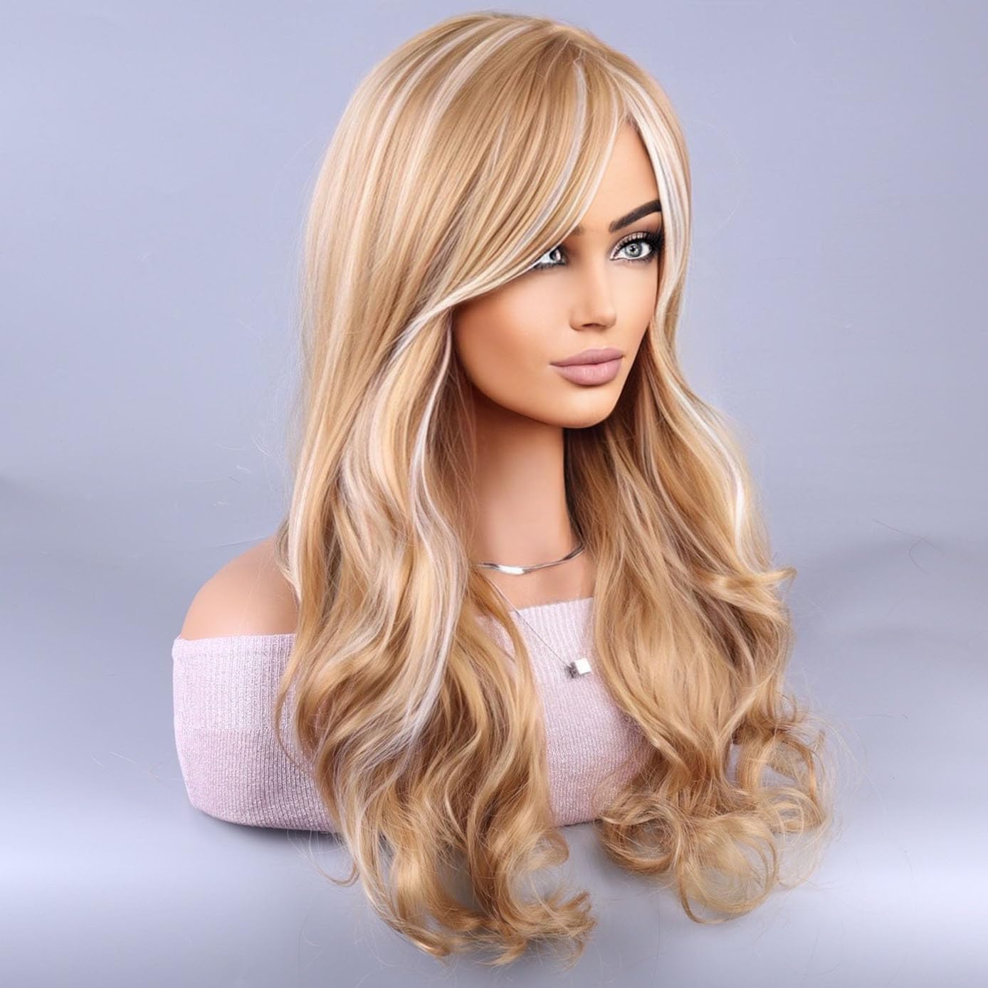 BERON Blonde Highlights Wigs Long Curly Wavy Women Wigs with Bangs Mixed Blonde Heat Resistant Synthetic Wigs for Daily Wigs