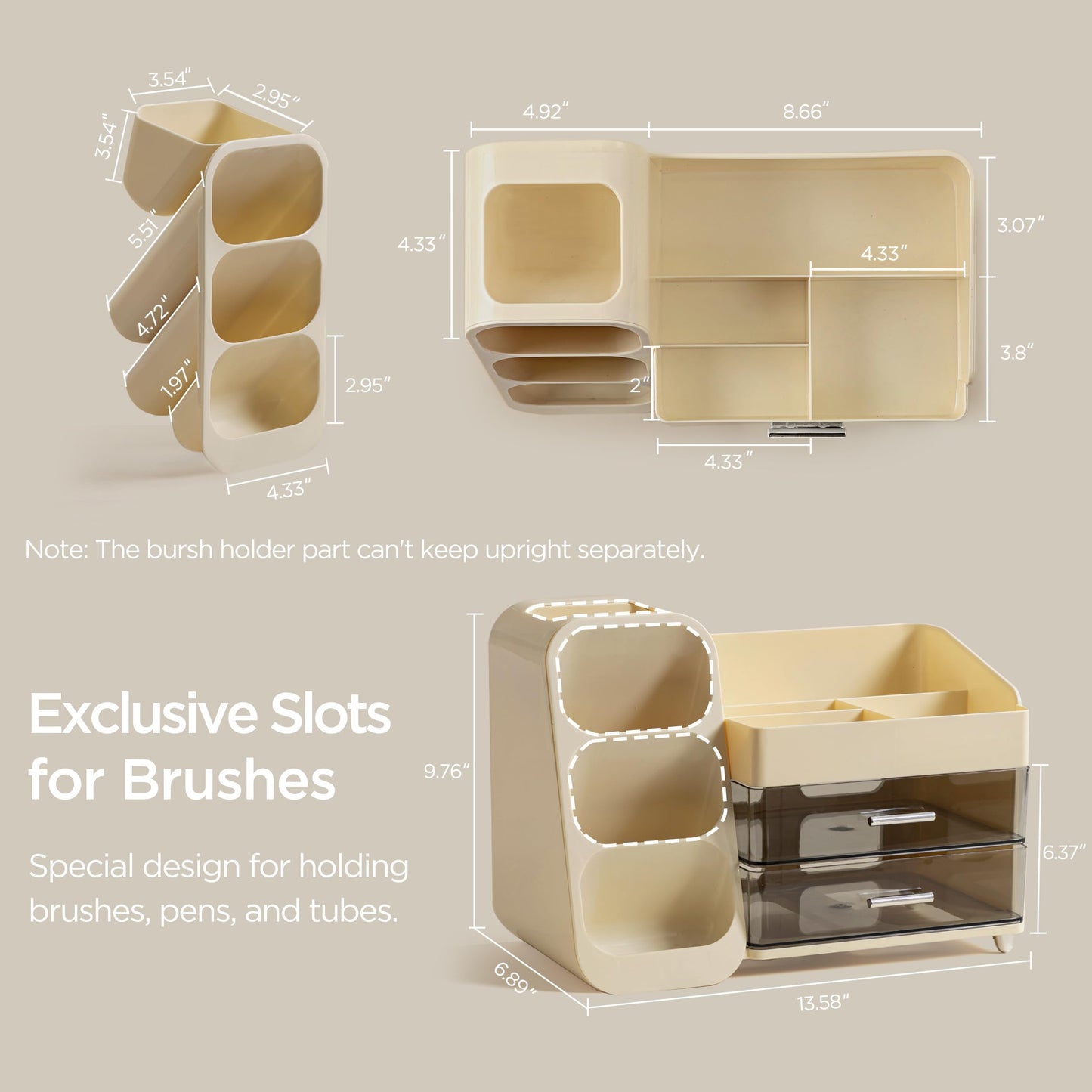 HBlife Makeup Organizer with Brush Holder for Vanity, Large Plastic Bathroom Countertop Organizer Skin Care Storage, Easy to Store Lipsticks, Nail Polishes, Perfumes, Eyeshadow Palettes, Beige