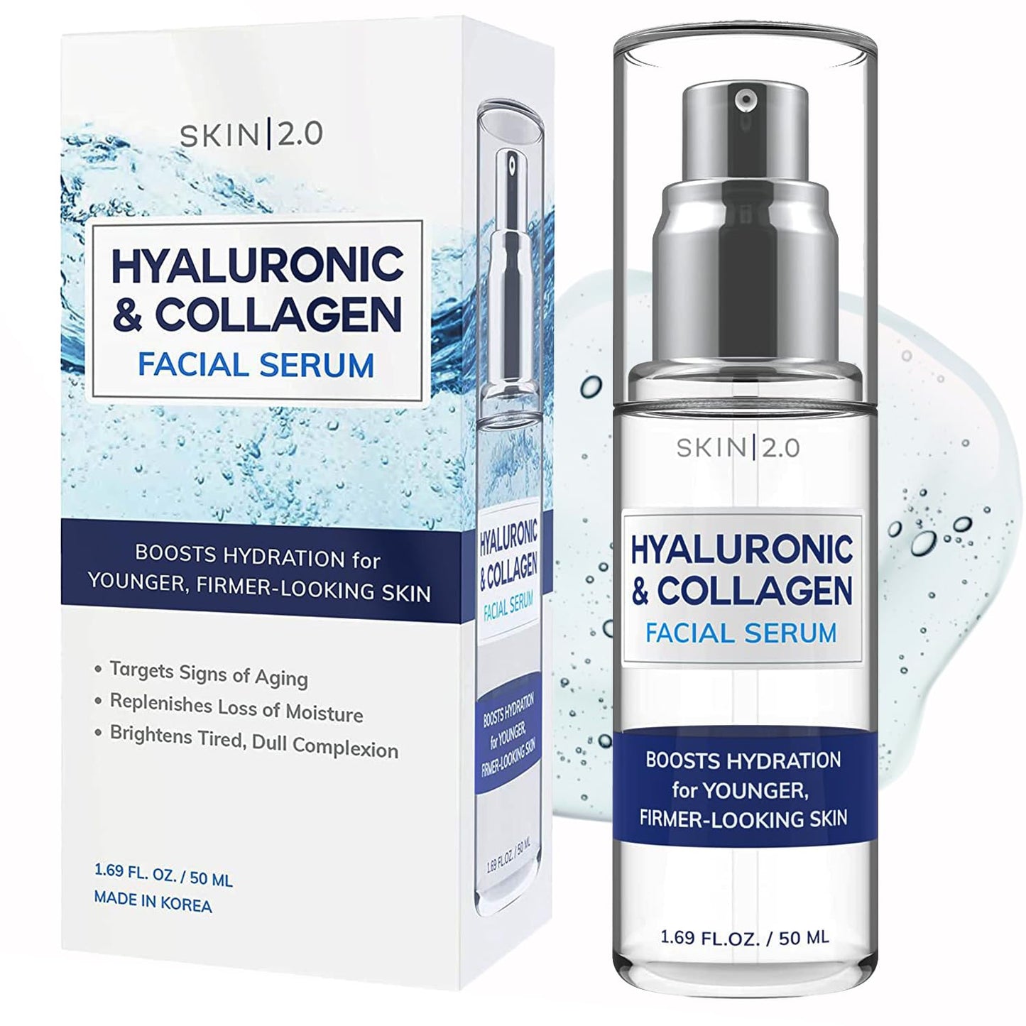Skin 2.0 Hyaluronic Acid & Collagen Face Serum - Hydrating, Anti-Aging Formula for All Skin Types - 1.69 Fl Oz