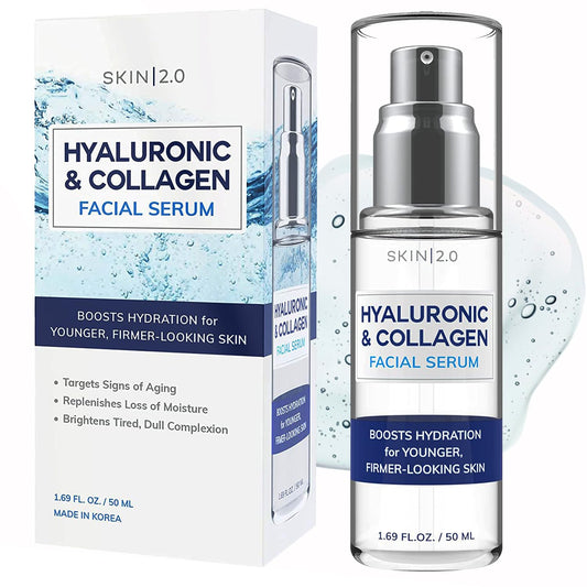Skin 2.0 Hyaluronic Acid & Collagen Face Serum - Hydrating, Anti-Aging Formula for All Skin Types - 1.69 Fl Oz