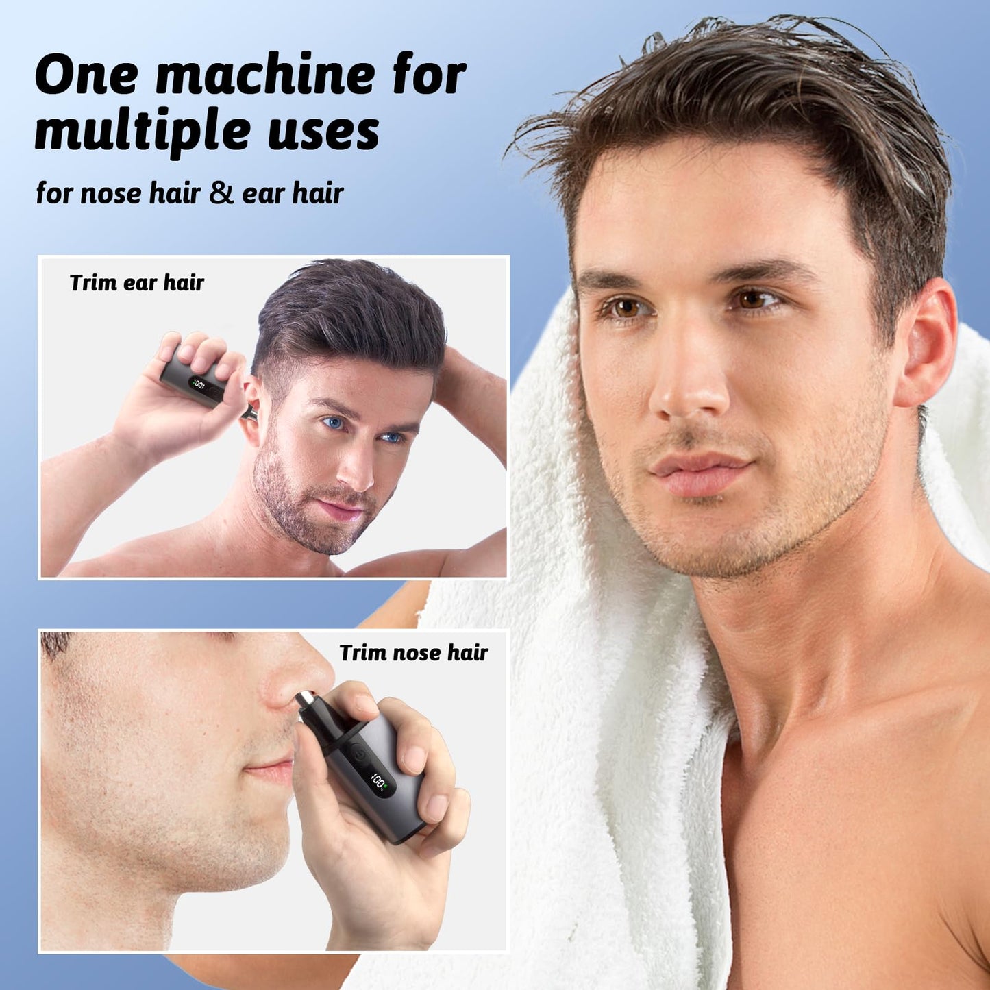 Ssoiew Nose Hair Trimmer for Men, Ear and Nose Trimmer for Men with Fast Charging Built-in Battery, Portable Nose Hair Trimmer for Women，LCD，Dual Edge Blade，High Speed 12000 RPM Motor