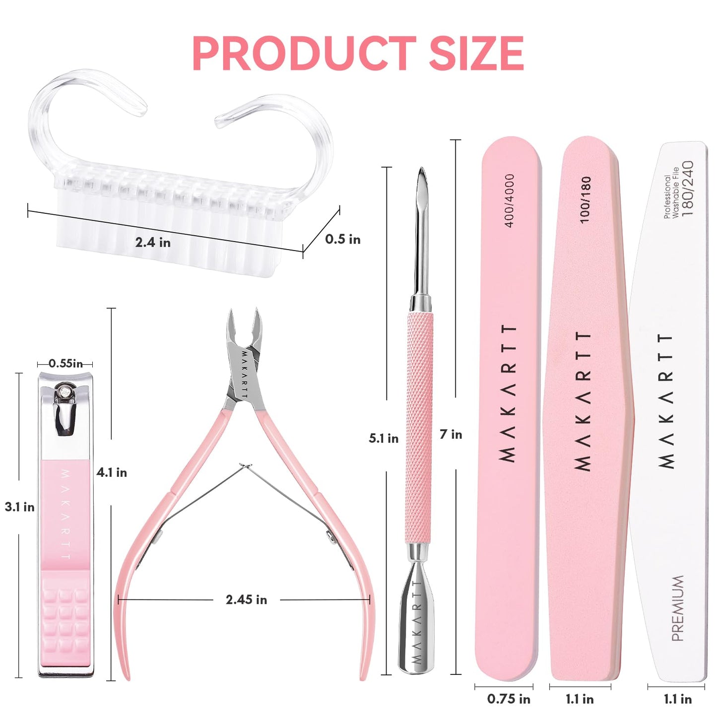 Makartt Nail File and Buffer Set, Pink Basic Prep Kit with Cuticle Clipper, Trimmer, Pusher, Brush, Manicure Care Kit for Natural and Acrylic Nails (7pcs)