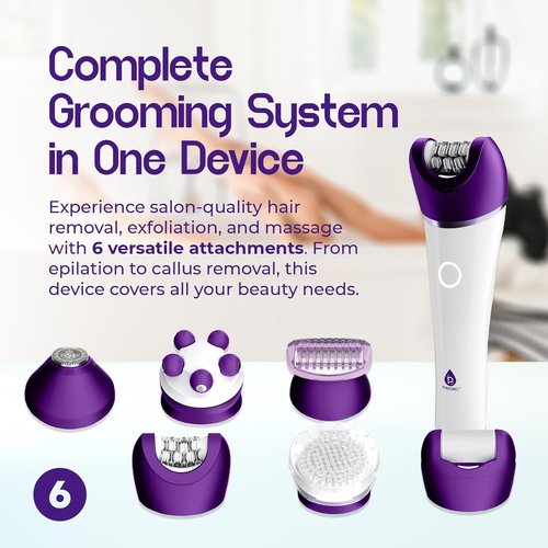 Pursonic 6-in-1 Epilator for Women - Wet & Dry Hair Removal Device with LED Light & Callus Remover