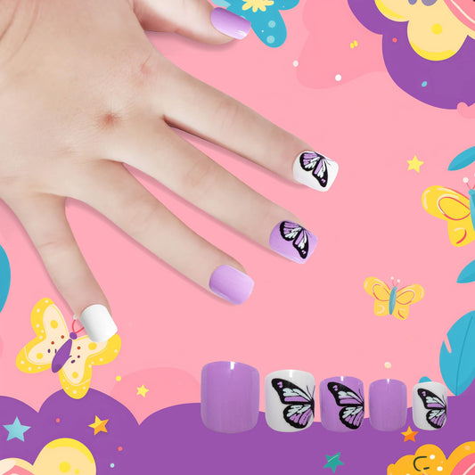 Kawyehu Kids Press on Nails Children Fake Nails Artificial Nail Tips Adhesive Full Cover Short False Fingernails for Girls Kids Nail Decoration (Purple Butterfly)
