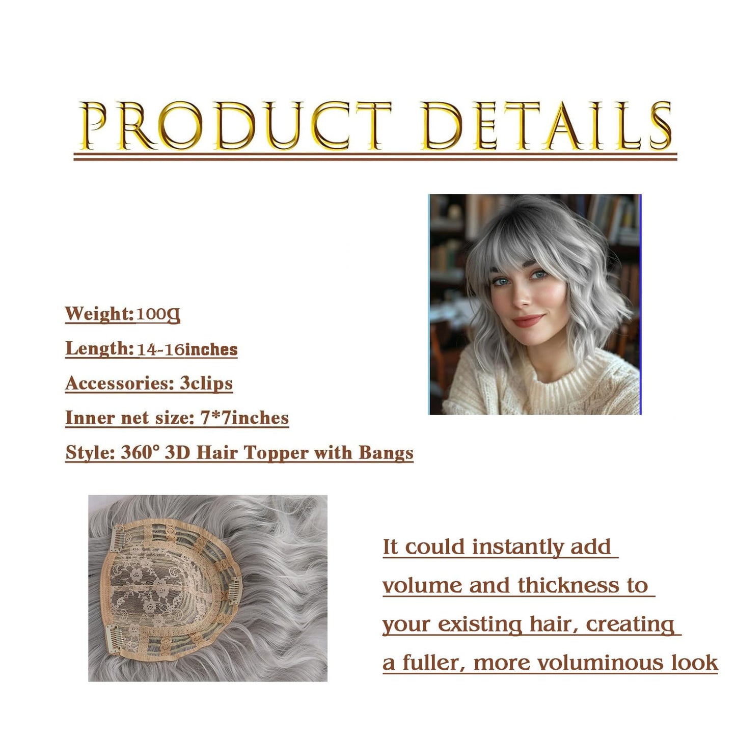 CINHOO Short Curly Wavy Grey Hair Toppers for Women with Thinning Hair,14inch Toppers Hair Pieces for Women Synthetic 360° 3D Hair Topper with Bangs Hair Clip in Bob Wigs for Women(Ombre gray)