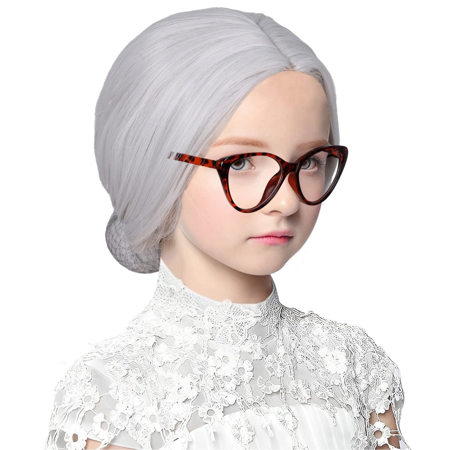 White Old Lady Costume Wig with Bun with Granny Glasses and Pearl Necklace for Halloween Party for Girl Kid