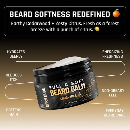 Derm Dude Beard Balm - Conditioning Formula with Natural Oils for Growth & Softness - Cedar & Citrus, 2oz