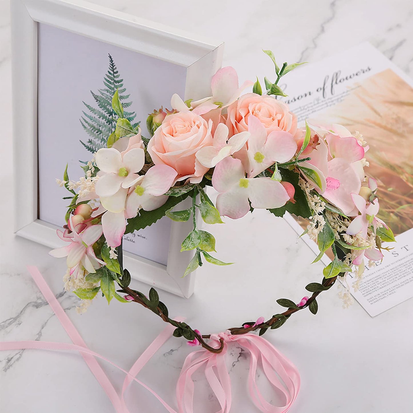 YnimioAOX Handmade Adjustable Flower Wreath Headband Halo Floral Crown Garland Headpiece,M3-baby pink