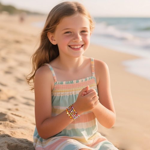 M MOOHAM Colorful Beaded Initial Bracelets - Cute Stretch Heart Jewelry for Girls | 5PCS Set