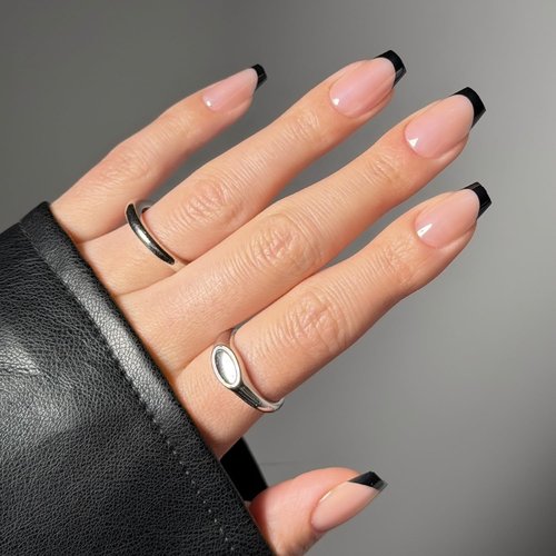 Glamnetic Press On Nails - Balsamic Glaze | Medium Coffin Black French Tip Fake Nails, Salon Quality French Manicure | 15 Sizes - 30 Nail Kit with Glue