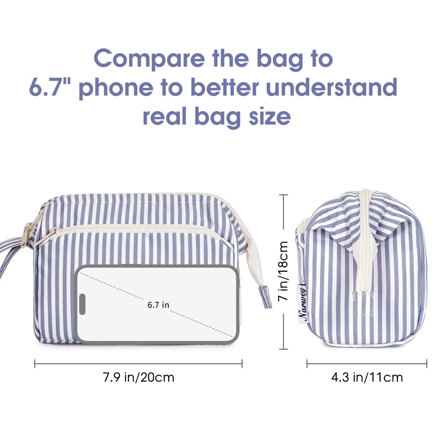 Narwey Striped Wide Open Makeup Bag Women, Travel Toiletry Bag for Women Cosmetic Bag Organizer Make up Bags with Compartments, Gift for Teen Girls (Greyish Blue Stripe)