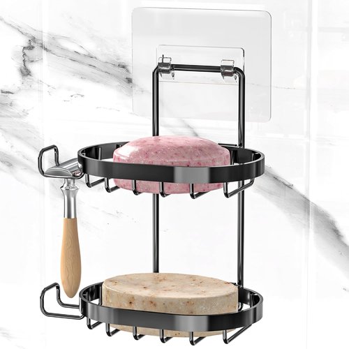 MASADI 2-Tier Soap Dish Holder - 304 Stainless Steel Shower Caddy with Hooks & Razor Holder (Black)