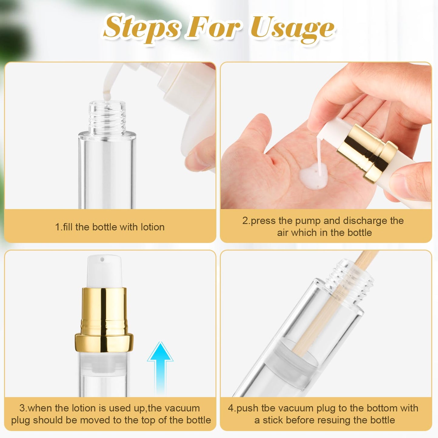 10 Pcs Empty Airless Pump Bottle Travel Cosmetic Cream Pump Bottle Refillable Vacuum Dispenser Pump Containers for Lotion Cream and More (gold-10ml)