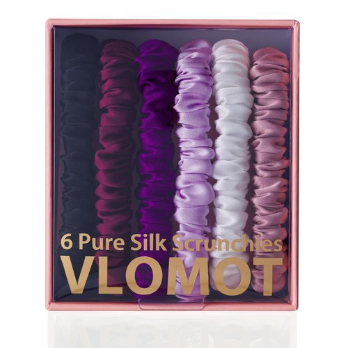 VLOMOT 6 Pcs Set 100% Pure Mulberry Silk Hair Scrunchies - 6 Chic Colors Everyday Skinny Scrunchies Silk Ponytail Holders - No Damage (Purple)