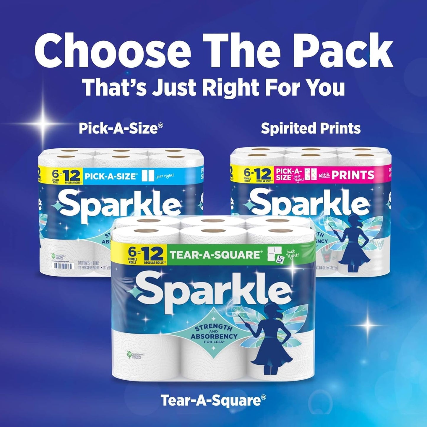Sparkle Paper Towels - Strong 2-Ply Pick-A-Size Rolls | 6 Double Rolls (660 Sheets) for Kitchen Cleanup