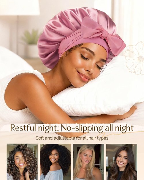 YANIBEST Adjustable Double Layer Satin Bonnet, Silk Hair Bonnet for Sleeping with Elastic Tie Curly Natural Hair Reduce frizz, Beanpaste Pink