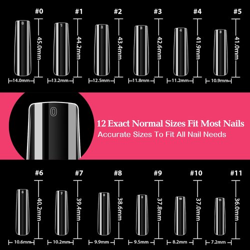 UNA GELLA XXL Long Square Nails Tips 216 PCS No C Curve Straight Nail Tips Full Cover Square Gel Tips Extra Long Nail Tips Clear False Fake Nails Gel Nail Extension for Nail Salon Home DIY 12 Sizes