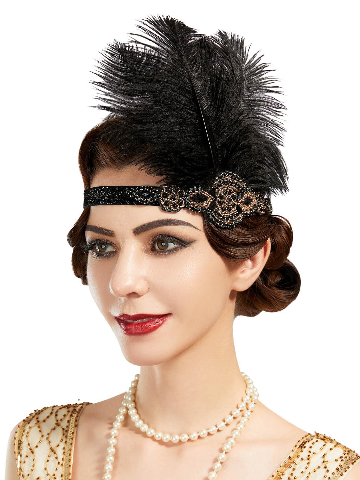 SWEETV 1920s Headpiece Flapper Headband, Feather Rhinestone Roaring 20s Great Gatsby Hair Accessories for Women,Gold