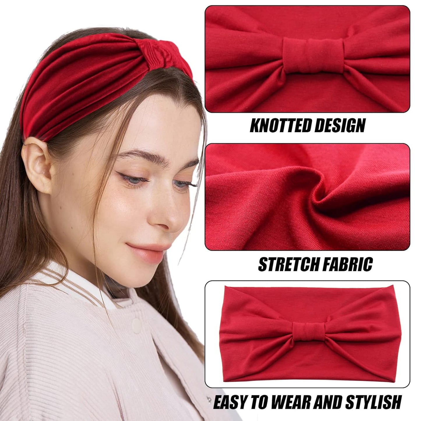 Yeshan Women's Wide Boho Knotted Non-Slip Turban Headwraps - Stretchy Bandeau Hair Bands for Sports, Yoga, Workouts, Pack of 8
