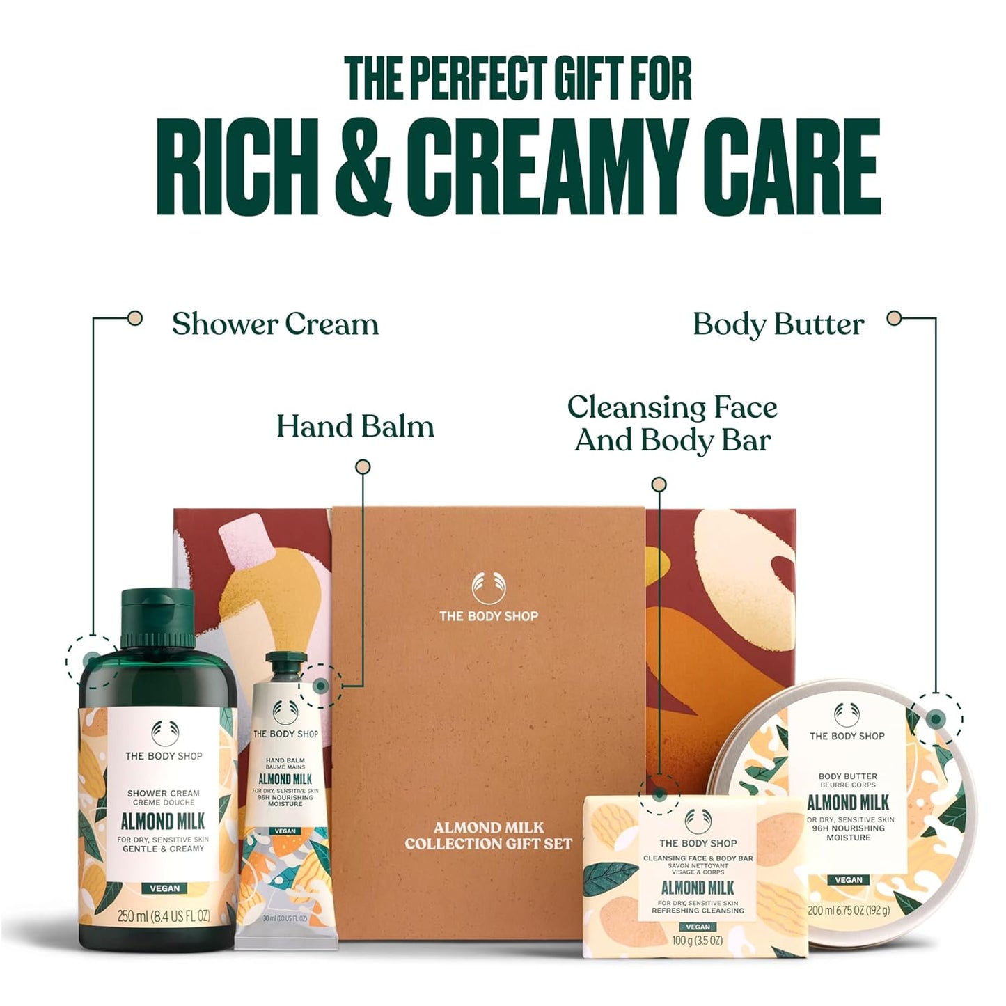 The Body Shop Almond Milk Collection Gift Set | 4-Piece Vegan Shower Cream, Body Butter & Balm