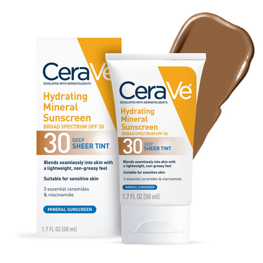 CeraVe Hydrating Mineral Sunscreen SPF 30 with Sheer Tint, Tinted Mineral Sunscreen with Zinc Oxide & Titanium Dioxide, Blends Seamlessly For Healthy Glow, Light, 1.7 Oz